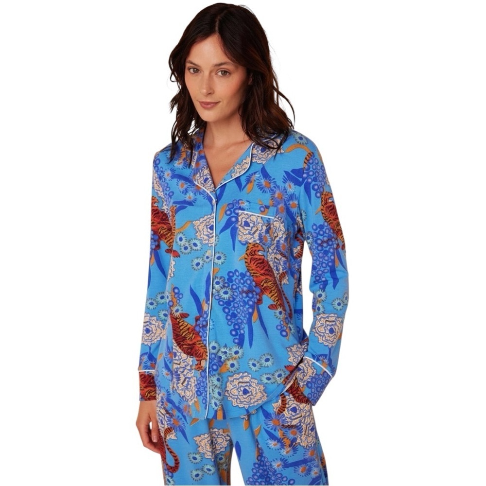 The Cat’s Pajamas Tigress Pajama Top XS Blue Tiger Print Luxury Sleepwear - Picture 2 of 4